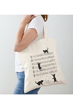Müzik Notası Kediler Tasarımlı Ham Bez Omuz Çantası