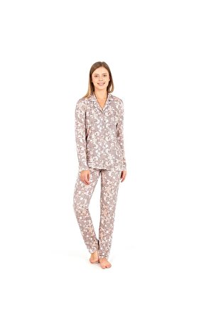 Bayan Önden Açık Pijama Takım-60014-çiçek Baskılı
