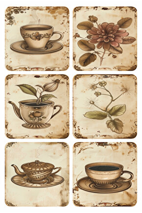 çay çiçeği bitkisi çay fincanı çay mutfak kafe dekor tablo 6lı ahşap bardak altlığı seti