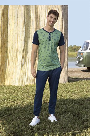 Erkek Yeşil Yaprak Desenli Düğmeli Bisiklet Yaka T-shirt Pijama Takımı 4783