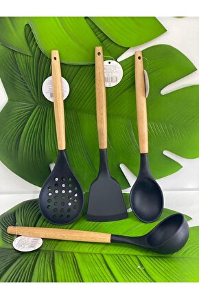 Siyah Bambu Saplı Silikon Kepçe Kevgir Kaşık Spatula Set 4lü 32.5 cm