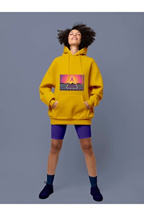 Vapor Wave Renkli Design Baskılı Tasarım 3 Iplik Kalın Sarı Hoodie Sweatshirt