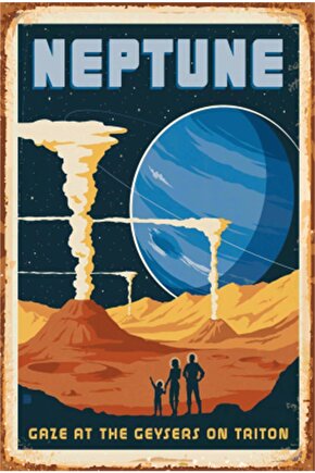 Eğlenceli Uzay Ve Gezegenler Neptün Retro Ahşap Poster