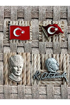 4 Lu Ataturk Kabartmali Resimli Imzali Bayrakli Ceket Yaka Iğnesi Rozeti 4 Lu Taki Kargo Bedava