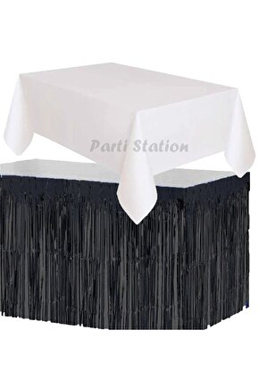 Masa Örtüsü ve Masa Eteği Plastik Beyaz Renk Masa Örtüsü Siyah Renk Metalize Sarkıt Masa Eteği Set