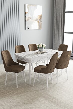 Loft Beyaz Mermer Desen 80x132 Açılabilir Mutfak Masası Takımı 6 Adet Sandalye