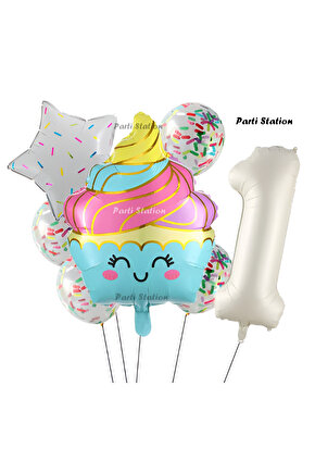 Dondurma Cupcake Konsept 1 Yaş Doğum Günü Balon Set İce Cream Cupcake Şef Tema Doğum Günü Balon Set