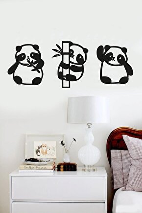 Panda 3lü Duvar Dekoru Siyah Ahşap Lazer Tablo