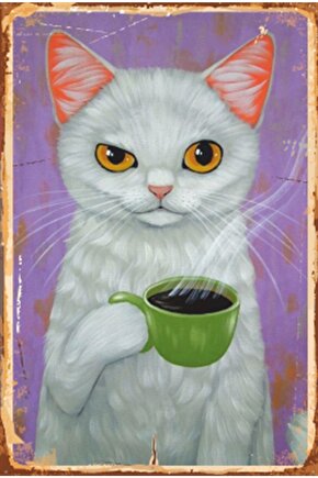 Kahve Içen Kediler Retro Ahşap Poster