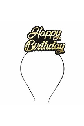 Ahşap Simli Eva Siyah-Altın Renk Happy Birthday Yazılı Doğum Günü Tacı Kız Çocuk Doğum Günü 1 Adet