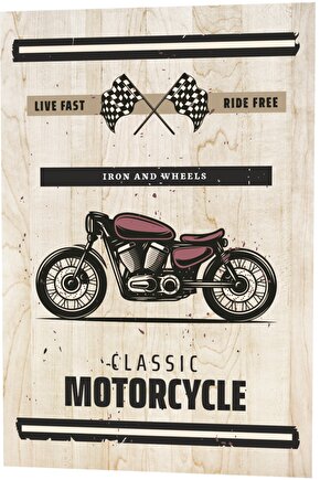 Klasik Motor Live Fast Ride Free Ahşap Desenli Retro Vintage Ahşap Poster
