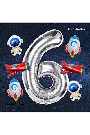 Gümüş Renk Rakam Balon Uzay Konsept 6 Yaş Doğum Günü Balon Set Galaksi Astronot Space Roket Balon