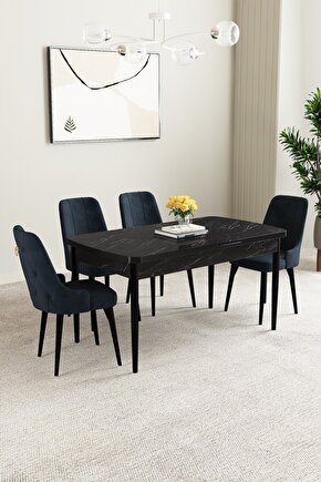 Mabel Siyah Mermer Desen 80x132 Açılabilir Mutfak Masası Takımı 4 Adet Sandalye