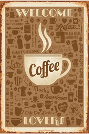 Hoşgeldiniz Kahve Severler Mutfak Dekorasyon Retro Ahşap Poster