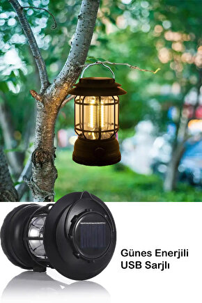 Güneş Enerjili ve USB Şarjlı LED Kamp Lambası - Portatif El Feneri Gece Lambası Kamp Işığı