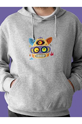 Monster Serisi Kedi Baskılı Tasarım 2 Iplik Şardonlu Gri Hoodie Sweatshirt