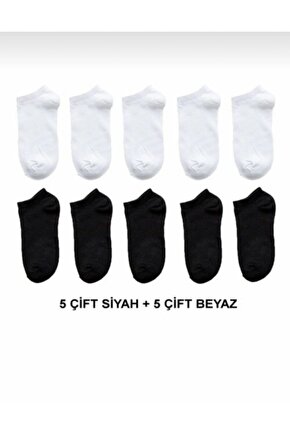 Unisex 10 Çift Koton Ekonomik Siyah + Beyaz Renk Patik Çorap