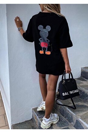 Oversize Siyah Mickey Mause Tişört