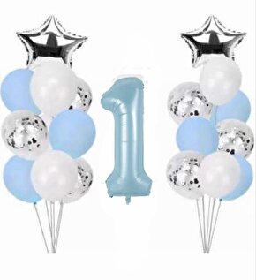 Mavi 1 Yaş folyo makaron mavi Konfetili Şeffaf Balon Doğum Günü Parti Seti