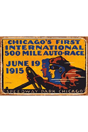 Chicago 1915 Vintage Araba Yarışı Retro Ahşap Poster