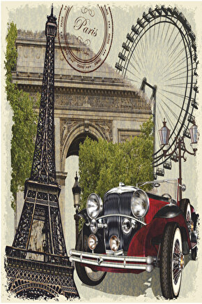 fransa paris eyfel kulesi klasik araba turistik gezi sembol retro ahşap poster