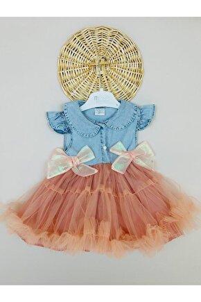Kız Bebek Yazlık Doğum Günü Tütülü Kot Elbise Pembe