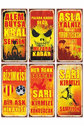 Sarı Kırmızı Futbol Takım 6lı Mini Retro Ahşap Poster Seti