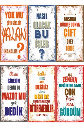 Eğlenceli Renkli Komik Motivasyon Duvar Yazıları 6lı Mini Retro Ahşap Poster Seti