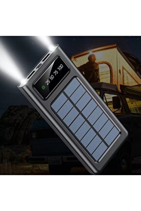 10000 Mah Güneş Enerjili Powerbank Ios Android Uyum Lcd Ekranlı 4 Kablo Type C Mikro Usb Lightning