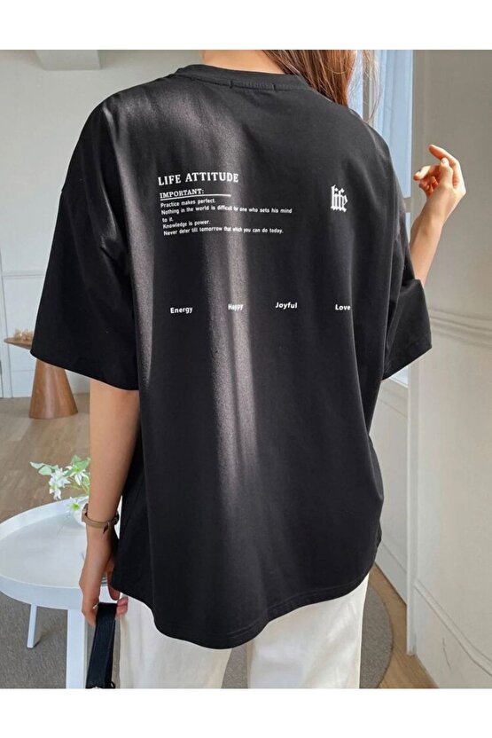 Kadın Oversize Life Attıtude Baskılı Siyah Tshirt