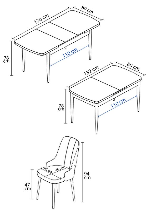 Mabel Siyah Mermer Desen 80x132 Mdf Açılabilir Mutfak Masası Takımı 6 Adet Sandalye