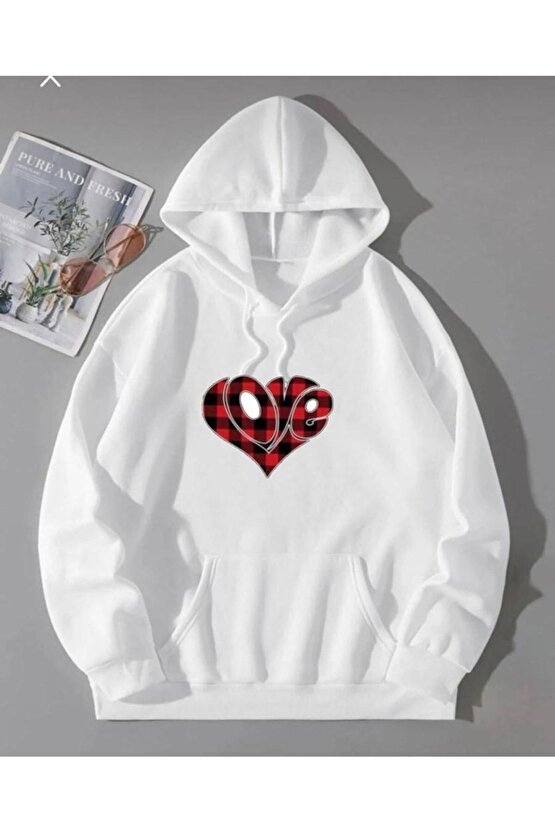 Kapşonlu Oversize Kırmızı Siyah Love Baskılı Beyaz Sweatshirt