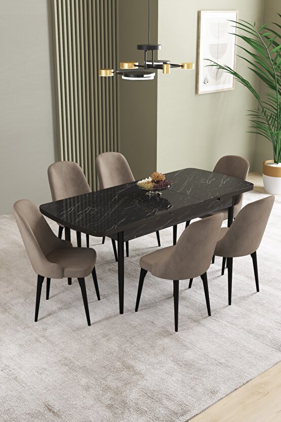 Ikon Siyah Mermer Desen 80x132 Mdf Açılabilir Mutfak Masası Takımı 6 Adet Sandalye