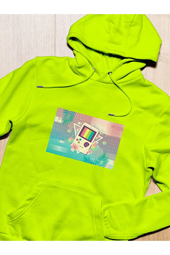 Vapor Wave Tetris Design Baskılı Tasarım 2 Iplik Şardonlu Gri Hoodie Sweatshirt