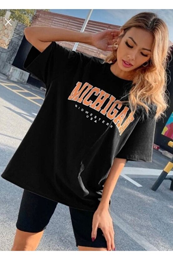 Oversize Unisex Siyah Mıchıgan Usa Tshirt