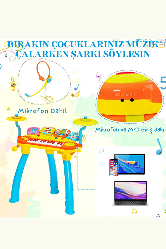 Çocukların Müzik Gelişimi için Oyuncak Mikrofonlu 24 Tuşlu Mp3 Çalar Piano Piyano Davul
