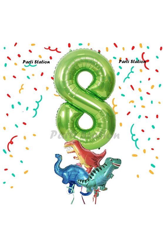 Yeşil Renk Rakam Balonlu Küçük Boy Dinozor Balonlu 8 Yaş Dinozor Konsept Doğum Günü Parti Balon Set