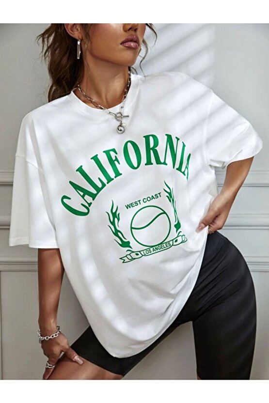 Kadın Oversize California West Coast Baskılı Beyaz Tshirt