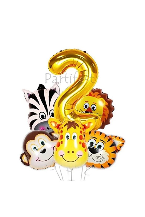 Safari Hayvanlar 2 Yaş Balon Set Safari Büyük Kafa Balon Folyo Balon Set Konsept Doğum Günü Set