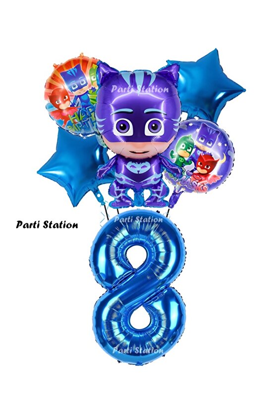 PjMasks Kedi Çocuk 8 Yaş Doğum Günü Parti Balon Set Pijamaskeliler Kedi Çocuk Tema Parti Balon Set