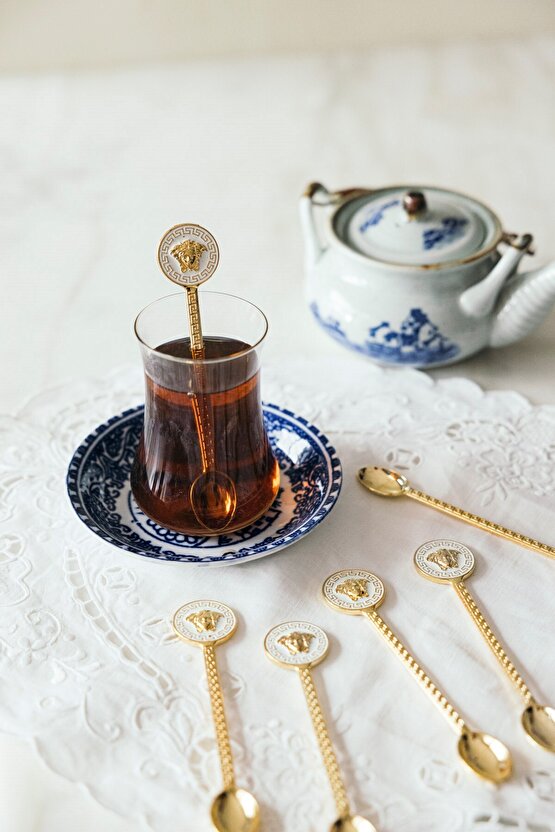 6lı Antik Yunan İlhamlı Beyaz & Altın Renkli Dekoratif Çay Kaşığı Seti