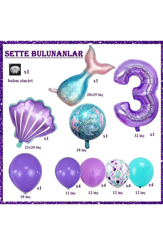 Mor Rakam Balon 3 Yaş Deniz Kızı Temalı Doğum Günü Parti Kutlama Seti Konsept 1