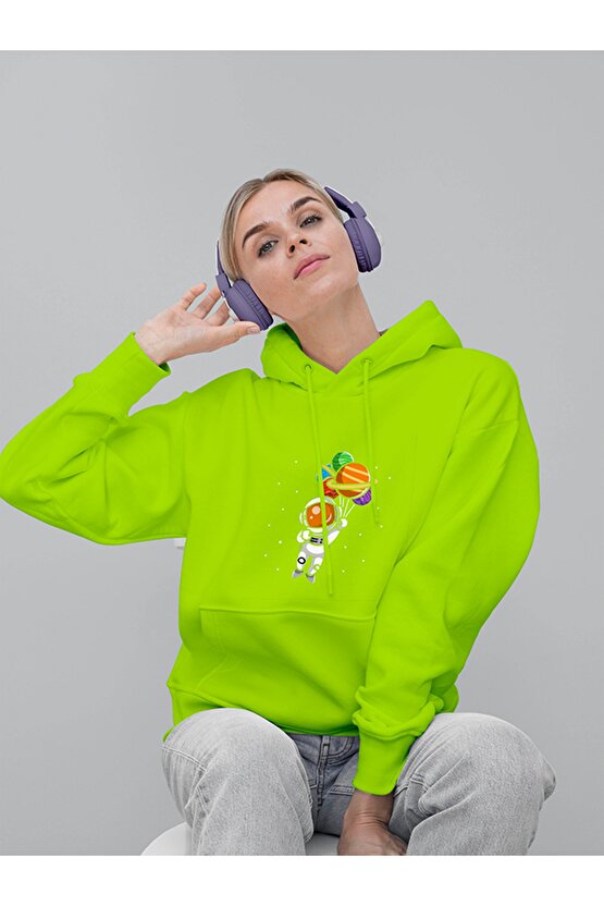 Astronot Baskılı Tasarım 3 Iplik Kalın Neon Sarı Hoodie Sweatshirt