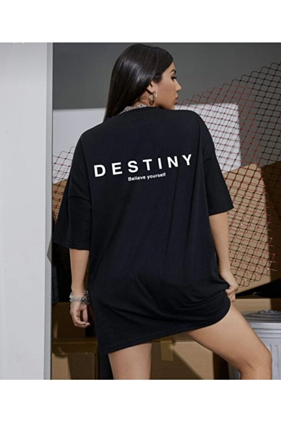 Oversize Unisex Destiny Baskılı Siyah Tshirt