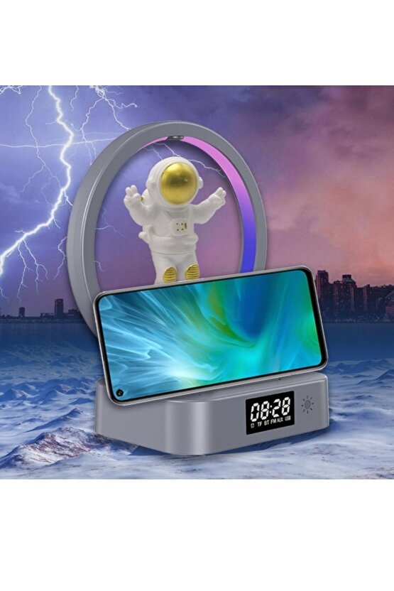 Bluetooth Hoparlör Sd Kart Usb Fm Radyo 5w Kablosuz Şarj Çalar Saat Gece Lambası Ambians Led Işık