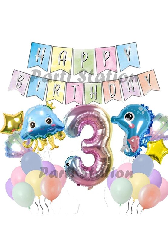 Okyanus Hayvanları Deniz Canlıları 3 Yaş Balon Set Deniz Anası Deniz Atı Happy Birthday Balon Set