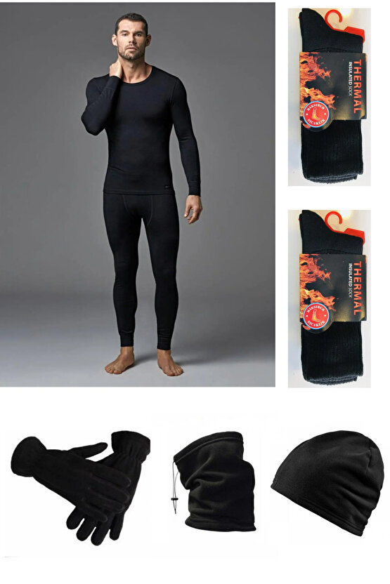 Erkek Siyah Termal Alt Üst Takım-Polar Şapka-Eldiven-Boyunluk-2 ÇİFT Termal Çorap Set