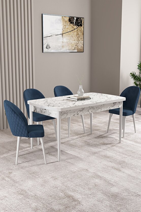 Milas Beyaz Mermer Desen 80x132 Mdf Açılabilir Mutfak Masası Takımı 4 Adet Sandalye