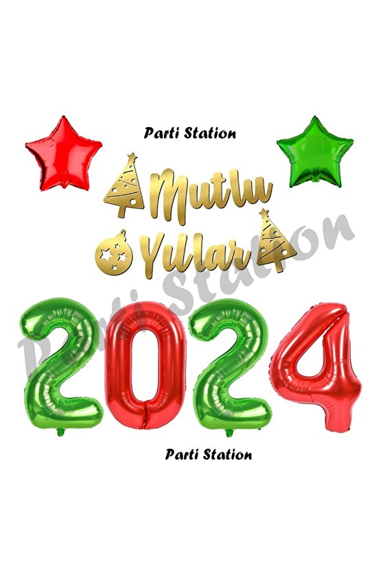 Yılbaşı 2024 Kırmızı Yeşil Renk Rakam Balon Seti 100 cm Yılbaşı Mutlu Yıllar Banner Balon Seti