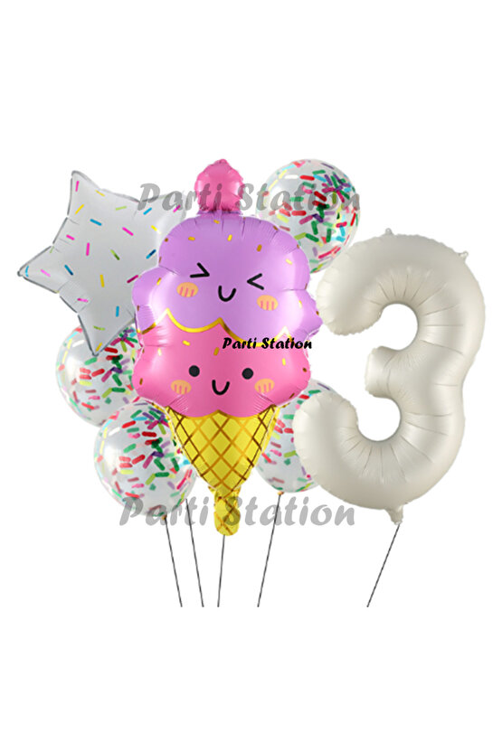 Dondurma İce Cream Konsept Doğum Günü 3 Yaş Balon Set Yaz Tema Sevimli Dondurma Folyo Balon Set